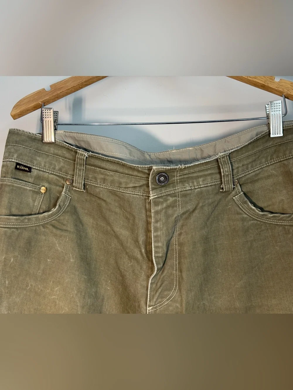 KÜHL RYDR Vintage Patina Pants Olive Green Canvas Workwear Hiking 36x32